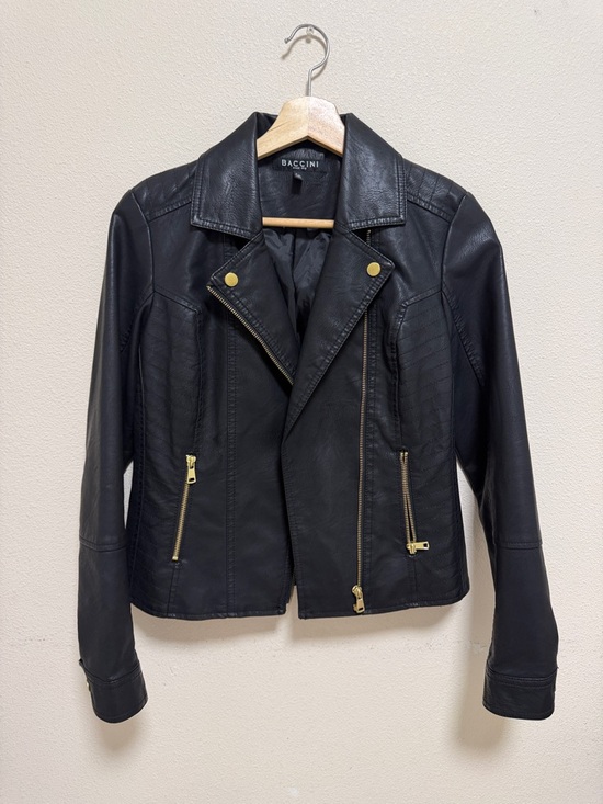 Baccini Jackets & Blazers - Baccini Black Faux Leather Asymmetrical Zip Jacket with Gold Hardware